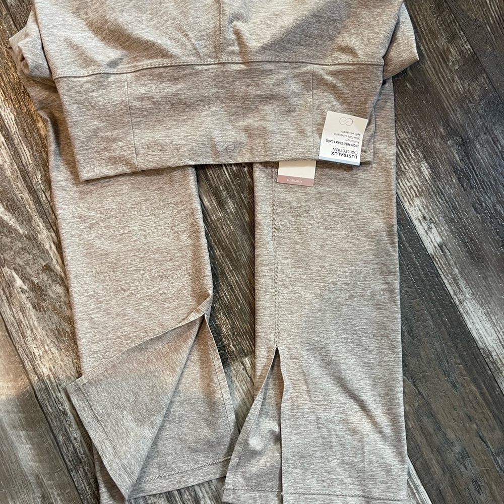 Calia women’s Large LustraLux Collection High-Rise Slim Flare Splits. Neutral.